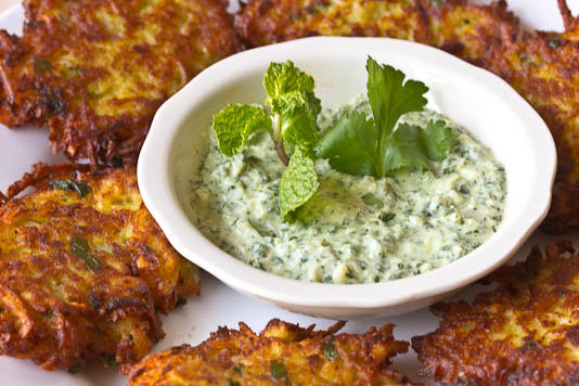 spiced latkes with cilantro mint chutney