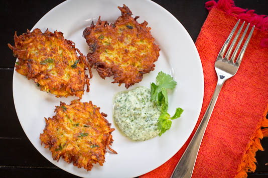 spiced latkes with cilantro mint chutney