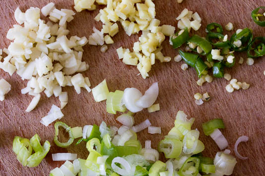 Garlic, Ginger, Thai Chilies, Scallions