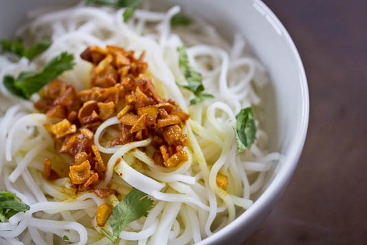 Rice Noodles Garnished with Garlic Turmeric Oil
