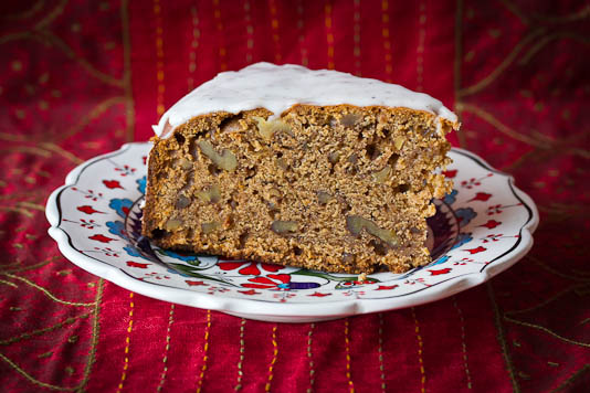 Piece of Tamarind Date Cake with Cardamom Icing