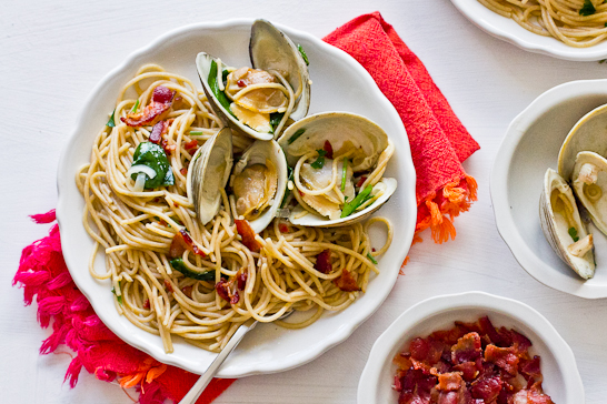 Spaghettini with Clams, Bacon & Ramps