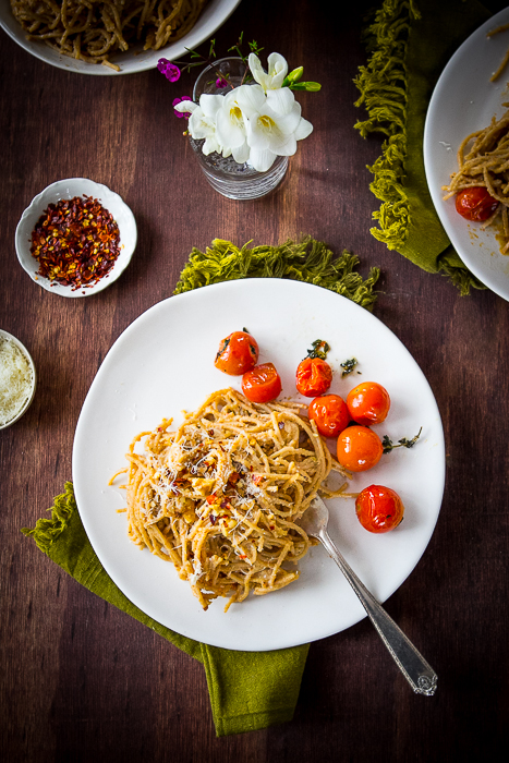 Walnut Pesto Pasta Roasted Cherry Tomatoes